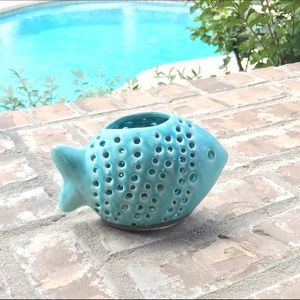 Turquoise distressed fish candle votive